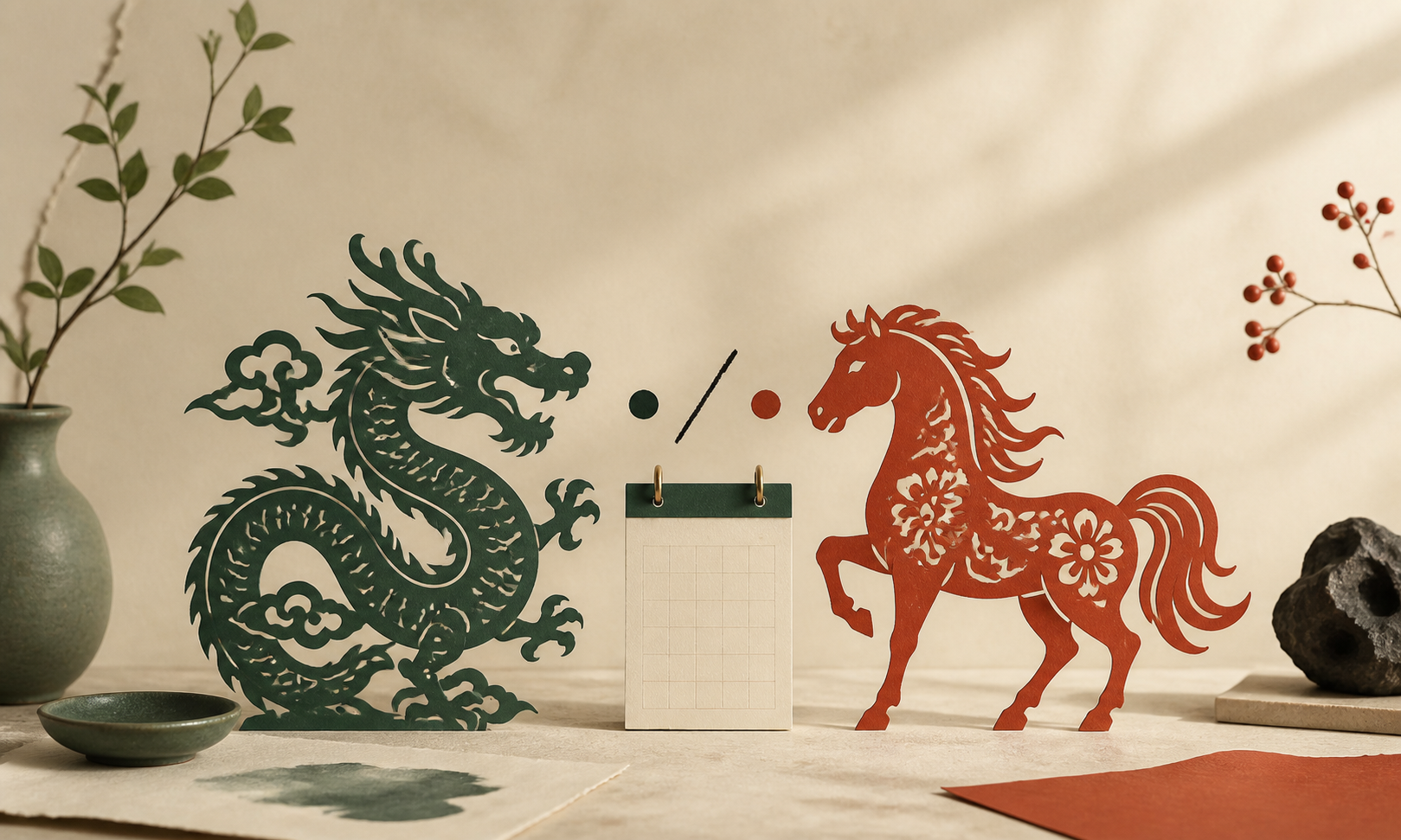生肖配對計算器怎麼選？先看這些邊界：中国生肖配对主题图，以剪纸生肖、日历和清晰的比较场景呈现